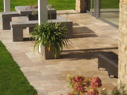 Travertin Terrassenplatten Noce Römischer Verband Terrassensteine Gartenplatten