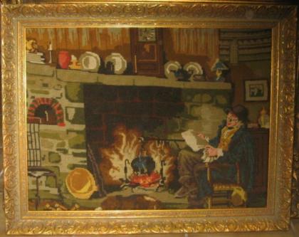 Gobelinbild Der Alte Mann am Kamin Handstickerei